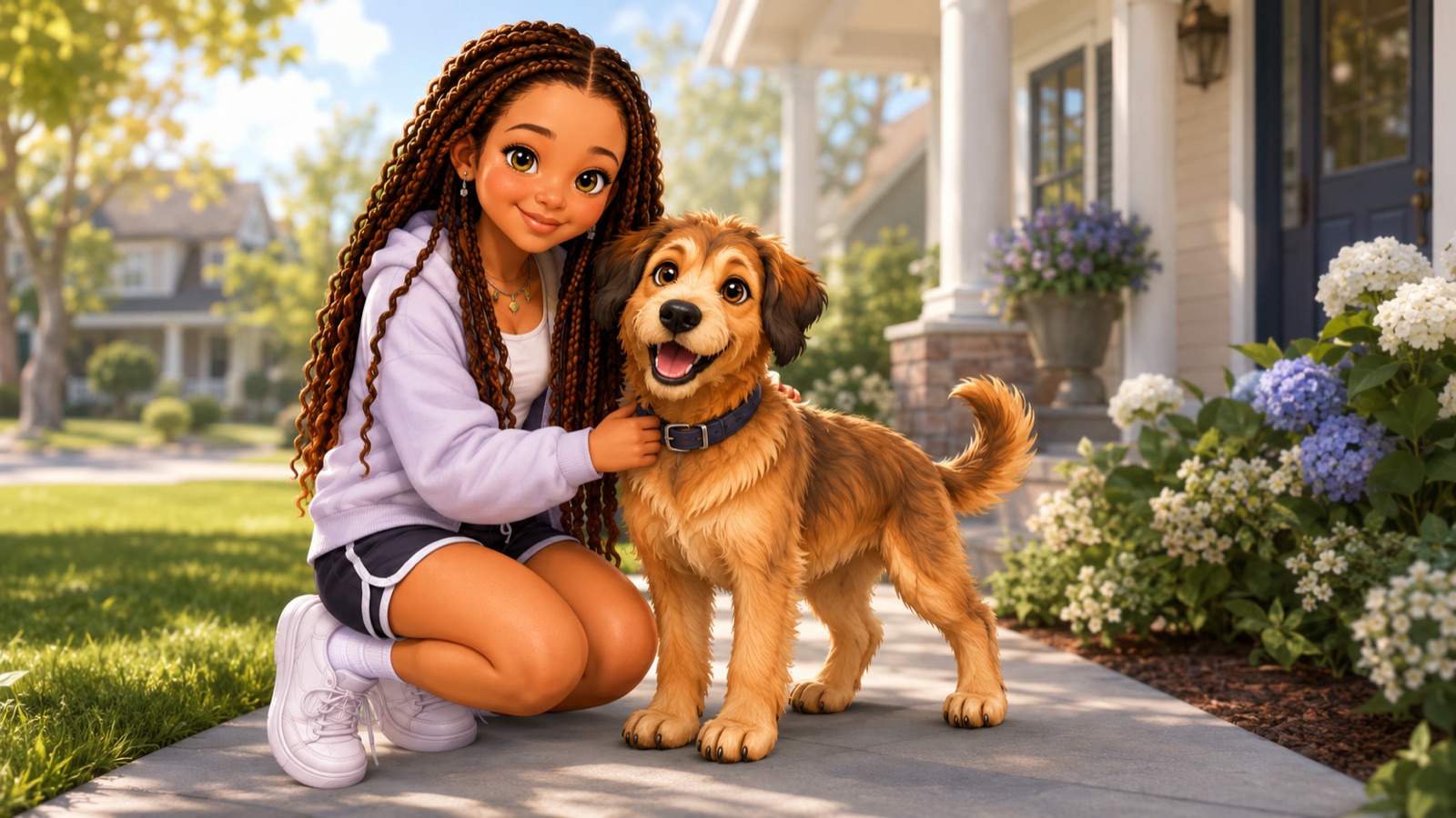 Illustration of Kamryn kneeling with her arm around Cody the dog on the sunny front walkway of a neighborhood home