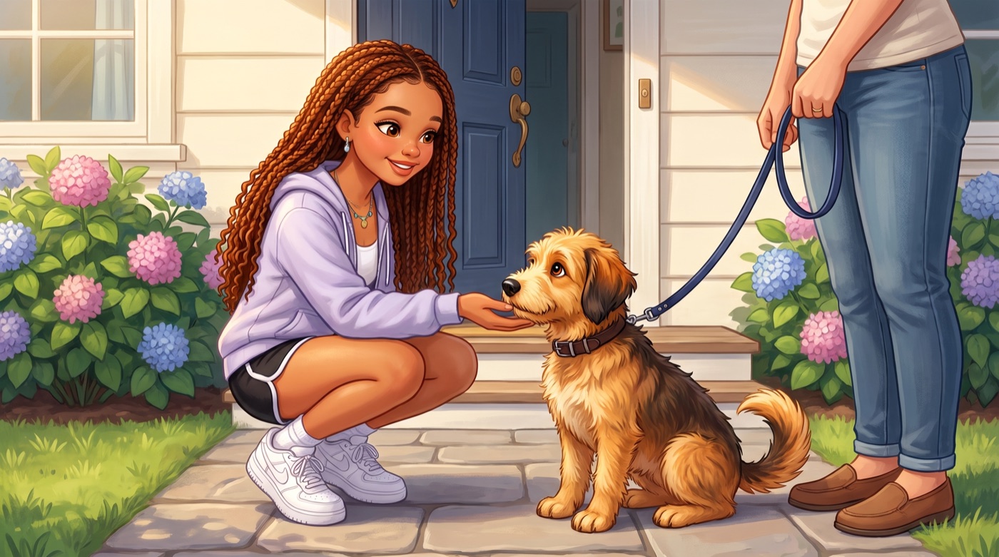 Illustration of Kamryn crouching to greet a leashed dog at a front door while its owner stands by — the meet and greet before a first booking