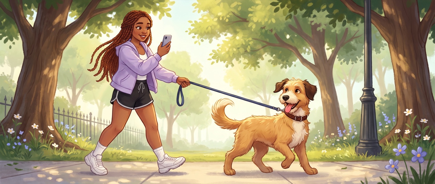 Illustration of Cody trotting ahead on a leash along a tree-lined sidewalk while Kamryn snaps his photo update