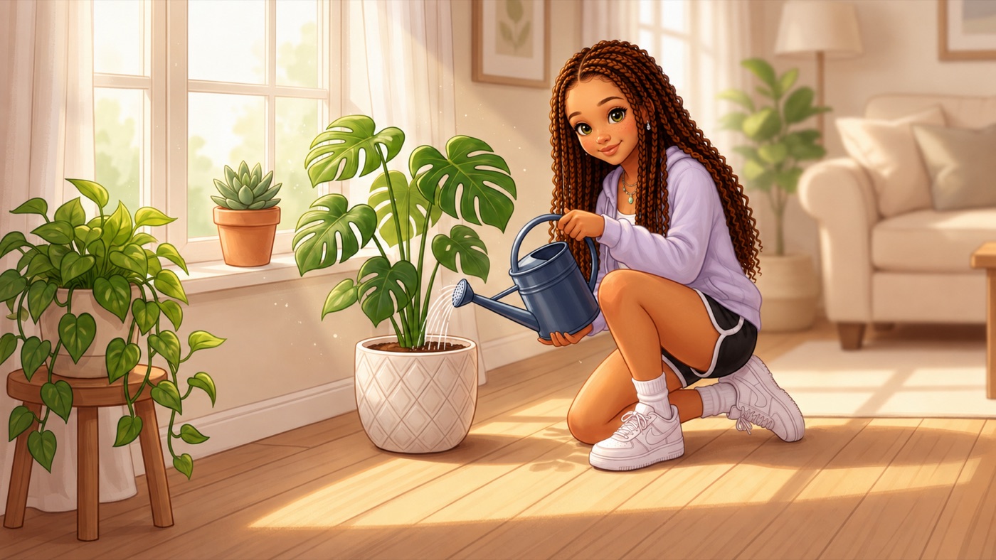 Illustration of Kamryn watering houseplants with a navy watering can by a sunny window