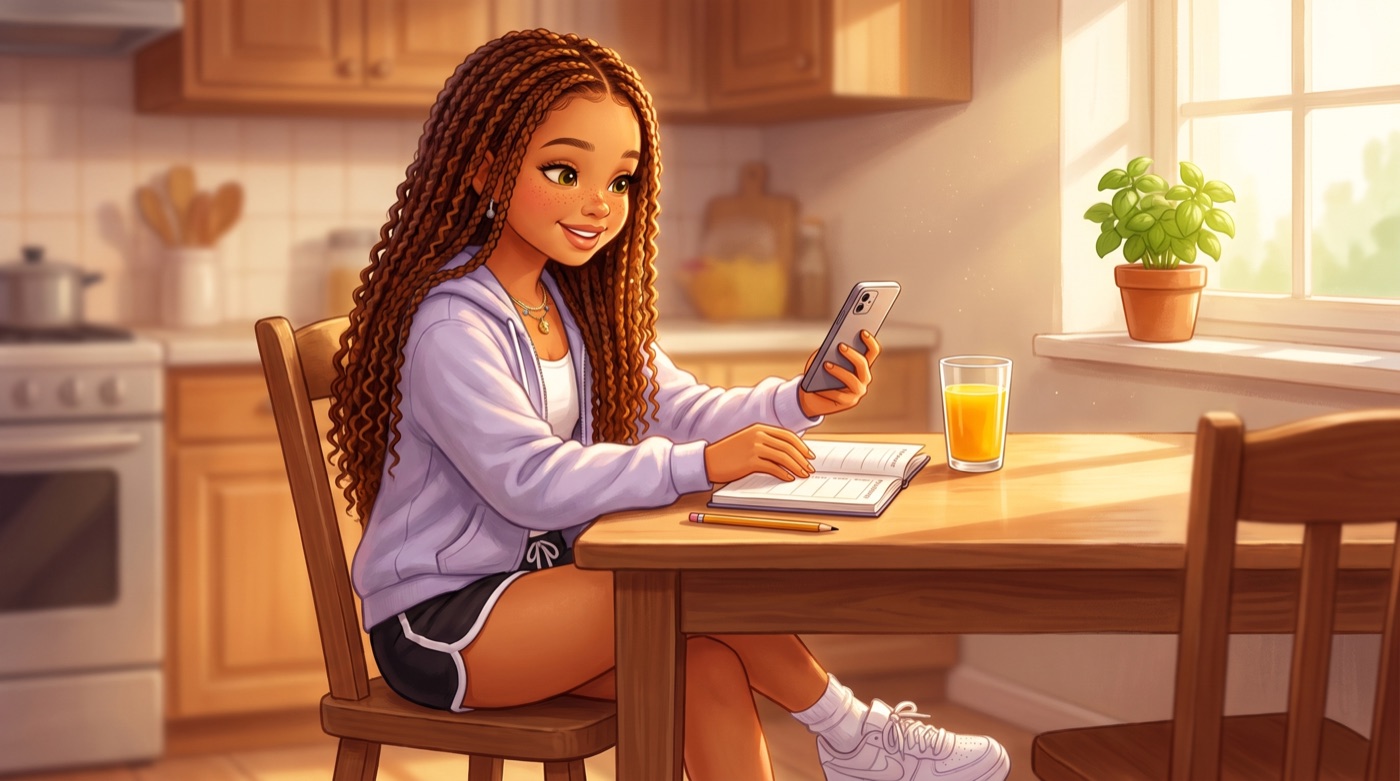 Illustration of Kamryn at the kitchen table reading a new message on her phone, her planner open beside her