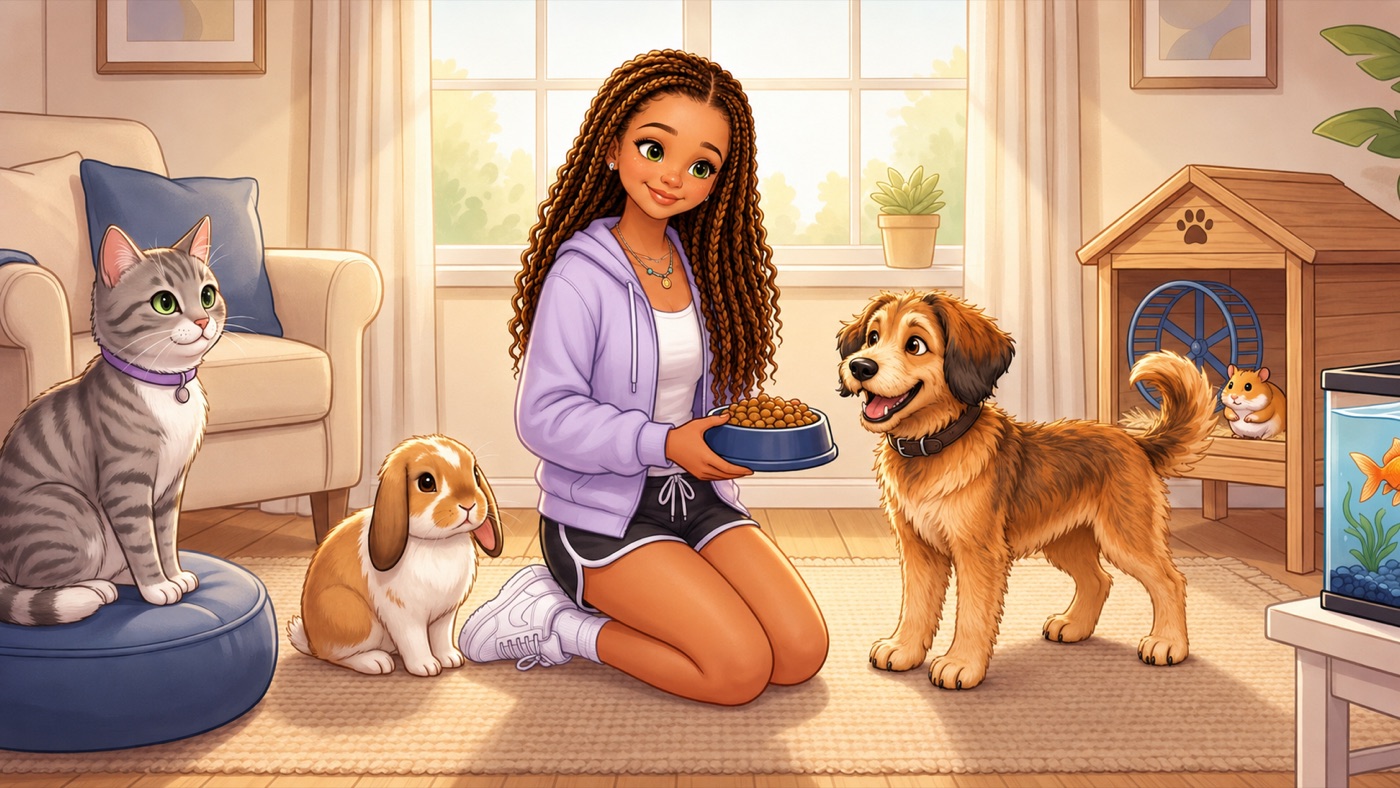 Illustration of Kamryn holding a food bowl with Cody the dog, a tabby cat, a rabbit, a hamster, and a goldfish around her, the kinds of pets she looks after